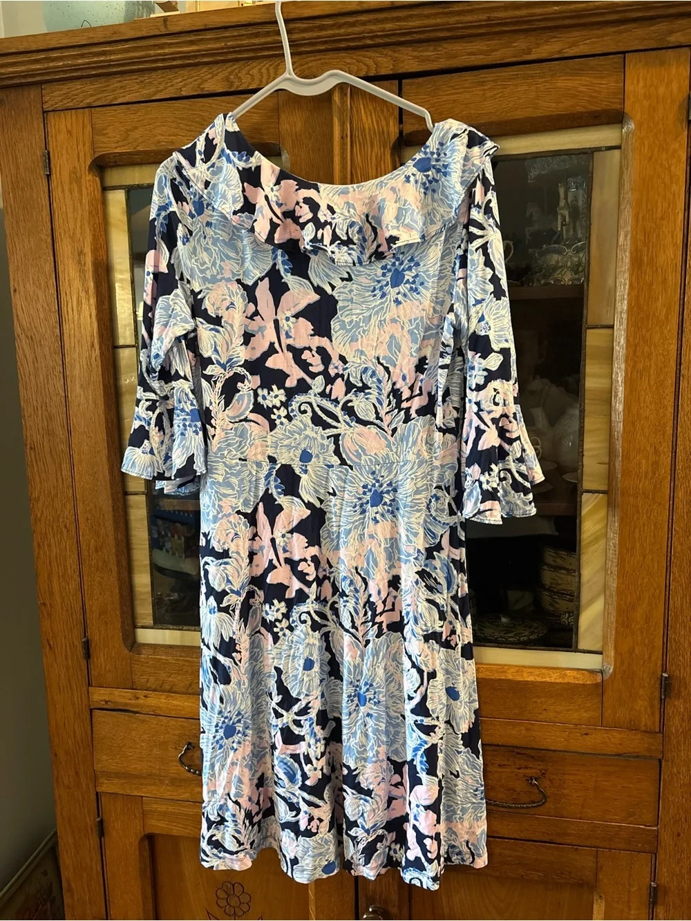 Lilly Pulitzer Navy Midi Dress with Light Blue & Pink Floral Print